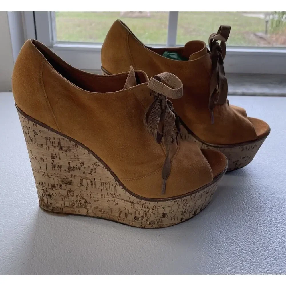 Gianvito Rossi Suede Cork Open Toe Lace Up Platform Shoes Orange/Beige Womens 37